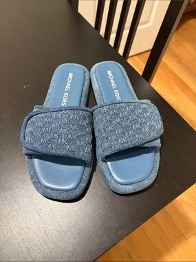 Michael Kors Women’s Denim Logo Blue Slide Sandals worn once! Make offer!